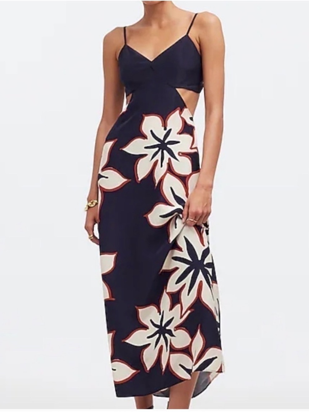 Madewell Silk Navy Floral Cutout Midi Dress - Navy/White